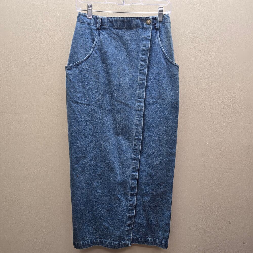 Vintage Fenwick Wrap 100% Cotton Denim High Waist Midi Straight Skirt Blue SZ 6